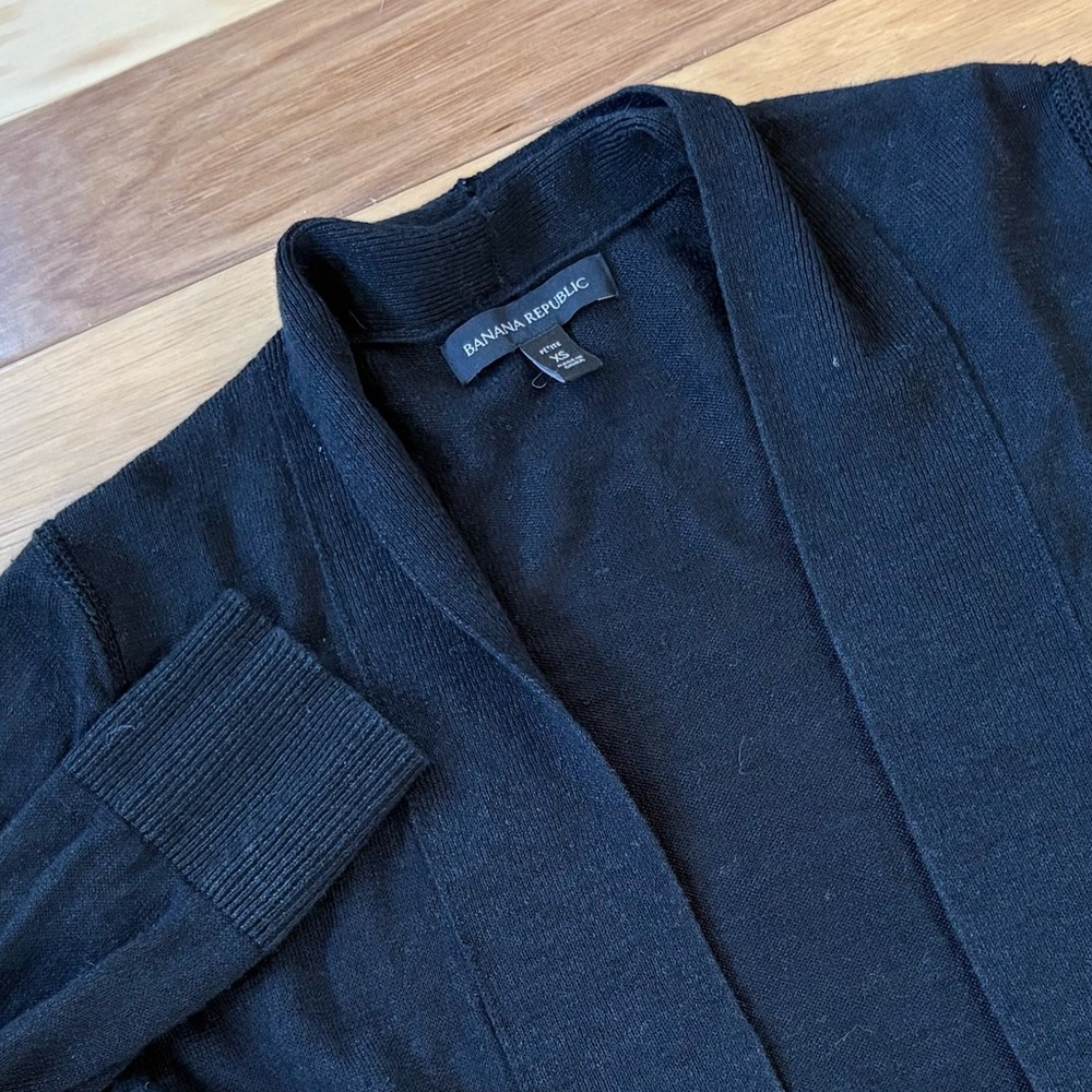 Banana Republic Linen Blend Cardigan Womens Sz XS Petite Black Long Open Sweater